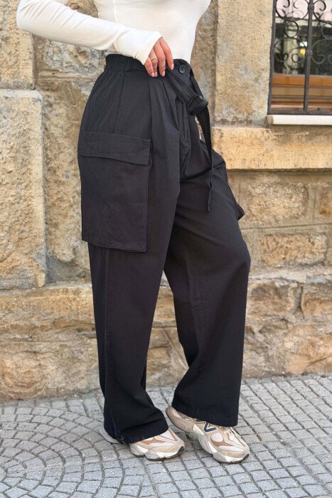 ONE COLOR SIDE POCKETS BELT DETAIL WOMAN TROUSERS BLACK/ E ZEZE - 4