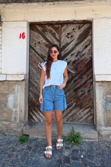 ONE COLOR SIDE POCKETS DENIM WOMAN SHORTS BLUE/BLU - KLAUDIO FASHION