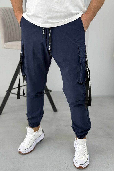 ONE COLOR SIDE POCKETS DETAILS MEN PANTS DARK BLUE/BEE - KLAUDIO FASHION