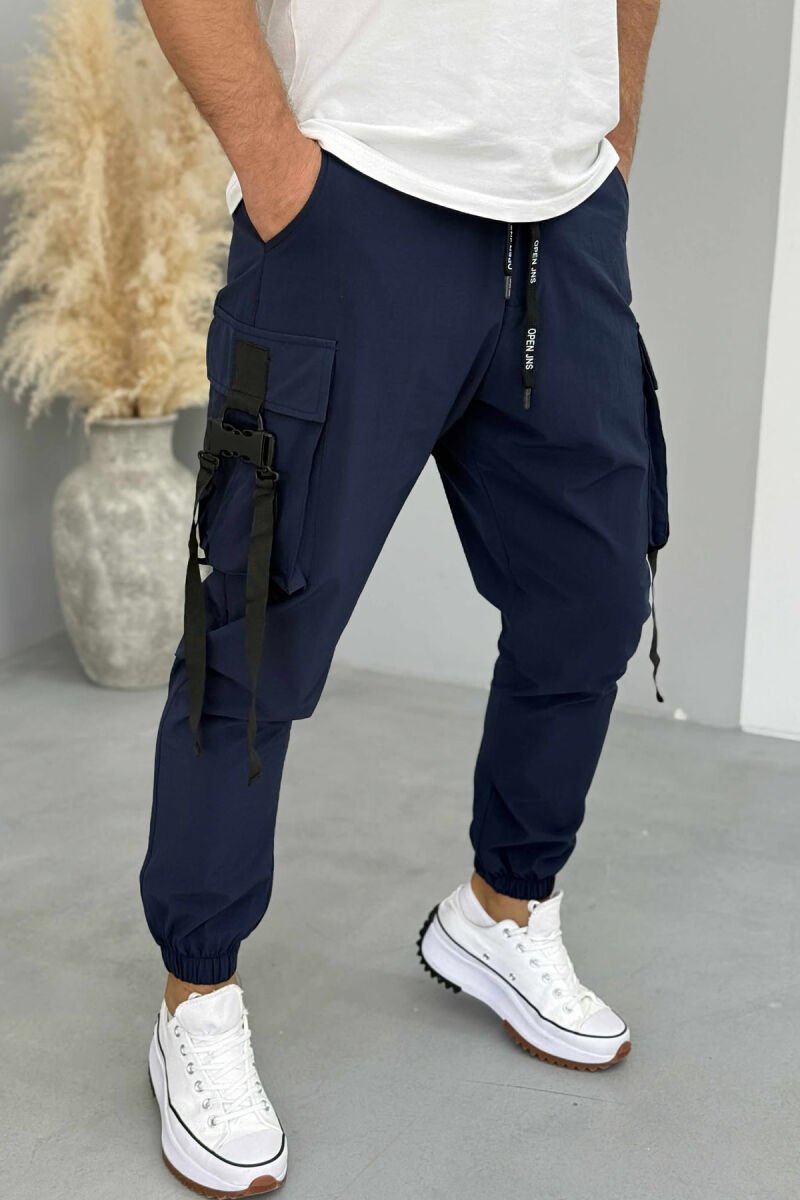 ONE COLOR SIDE POCKETS DETAILS MEN PANTS DARK BLUE/BEE - 3