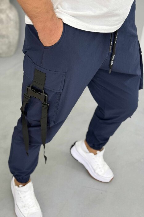 ONE COLOR SIDE POCKETS DETAILS MEN PANTS DARK BLUE/BEE - 5