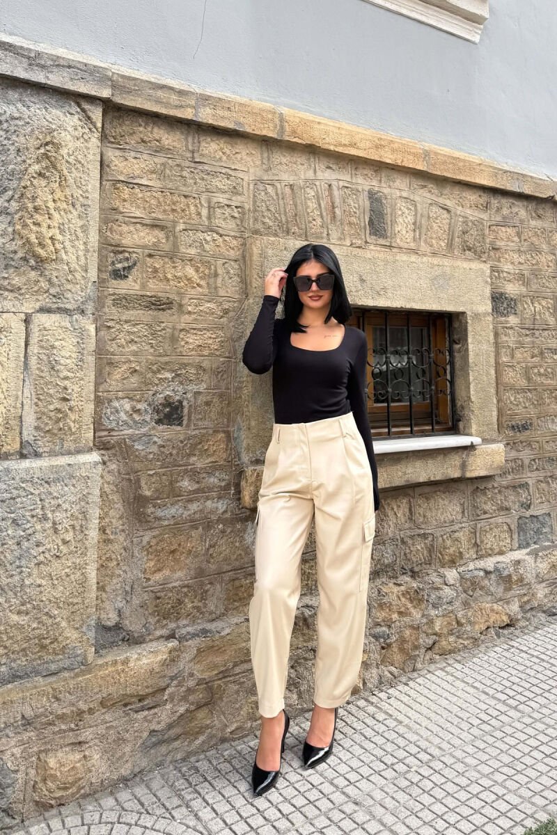 ONE COLOR SIDE POCKETS LEATHER WOMAN TROUSERS CREAM/KREM - 1