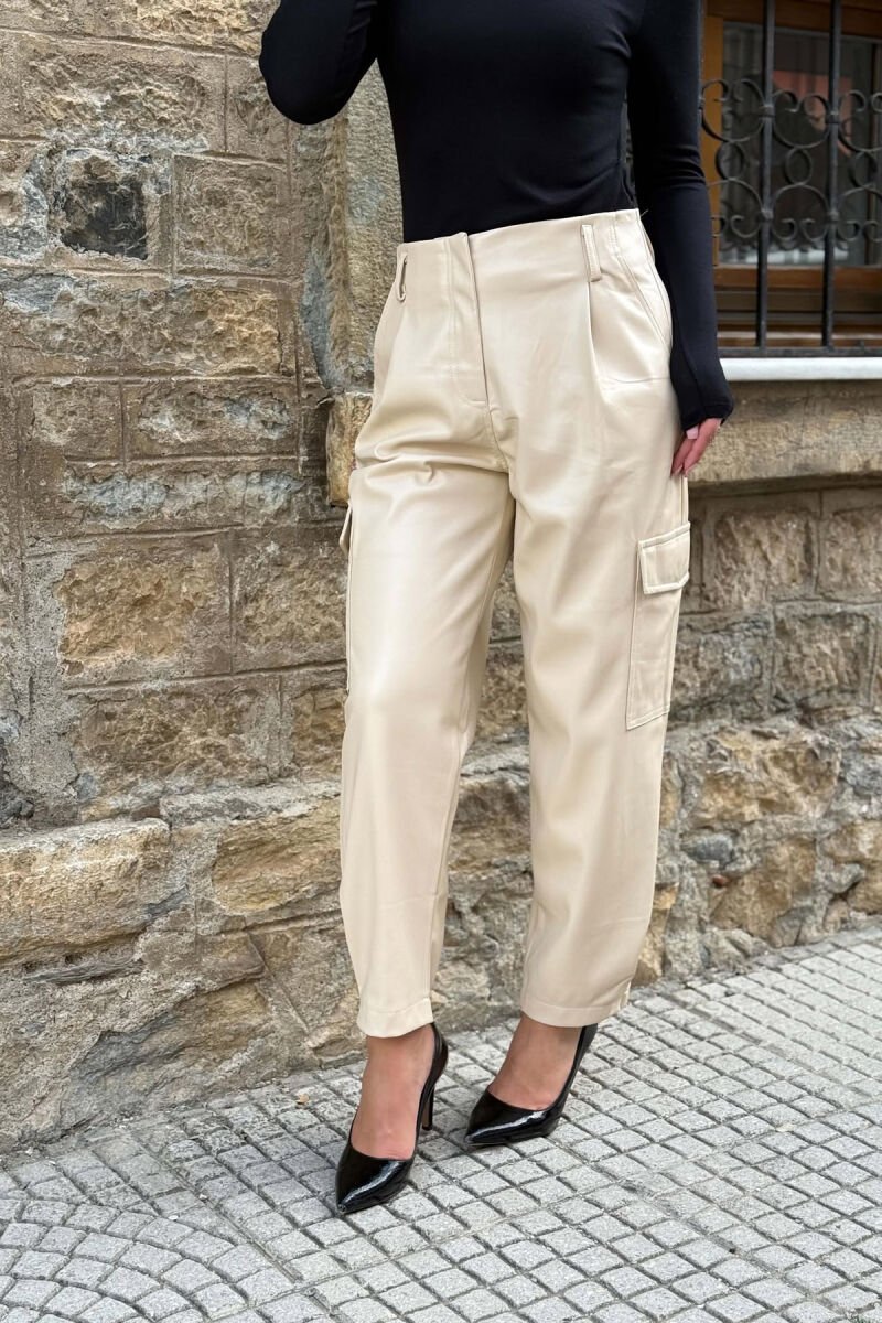 ONE COLOR SIDE POCKETS LEATHER WOMAN TROUSERS CREAM/KREM - 2
