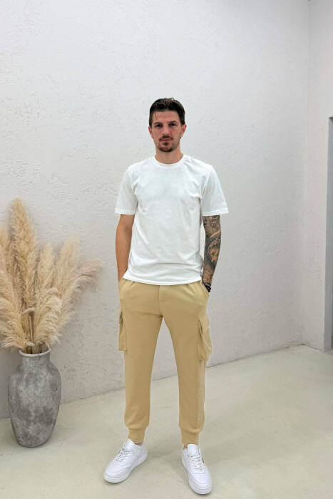 ONE COLOR SIDE POCKETS SIMPLE MEN JOGGERS BEIGE/BEZHE - KLAUDIO FASHION