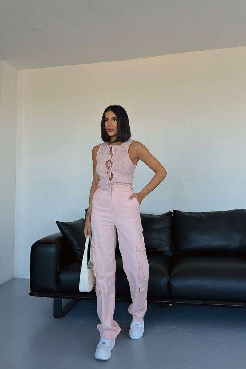 ONE COLOR SIDE POCKETS WOMEN TROUSERS POWDER/PUDER - 2