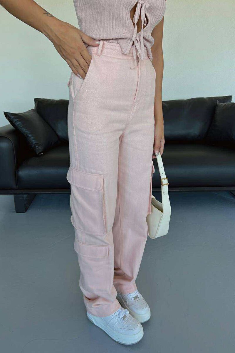 ONE COLOR SIDE POCKETS WOMEN TROUSERS POWDER/PUDER - 1