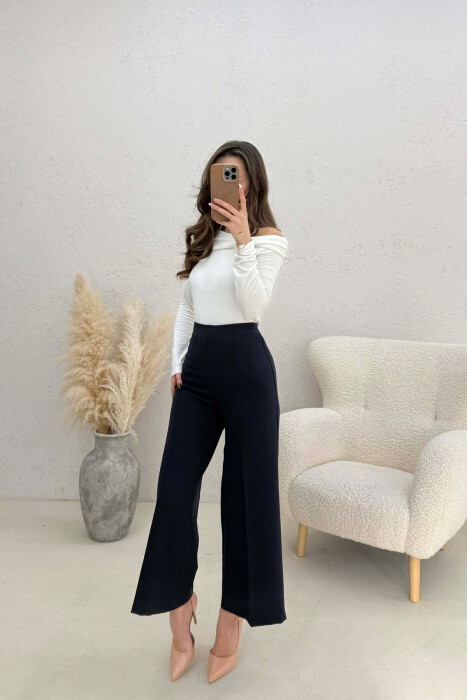 ONE COLOR SIDE ZIPPER WOMEN TROUSERS DARK BLUE/BEE - 4