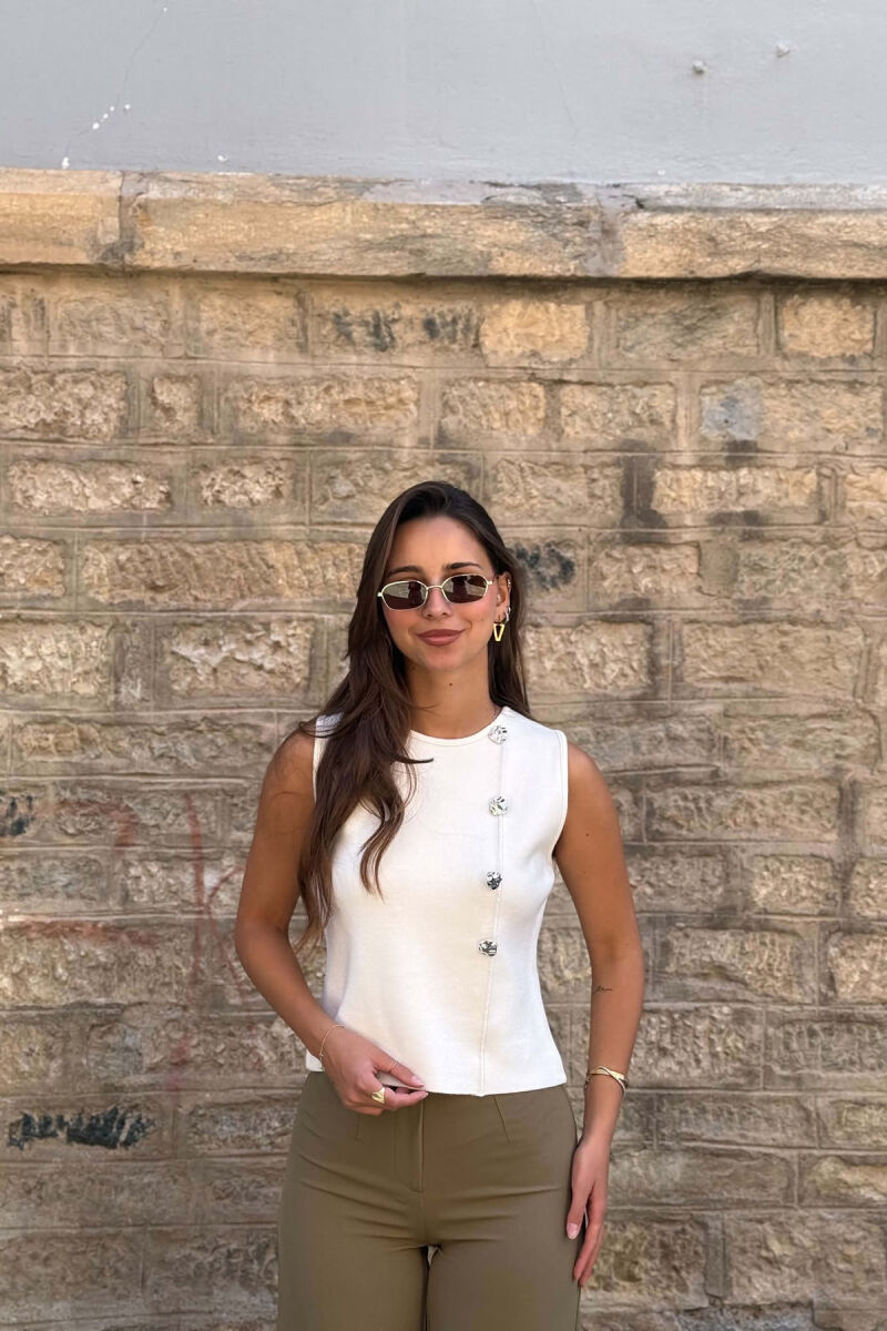 ONE COLOR SILVER BUTTONS WOMAN TANK TOP CREAM/KREM - 1