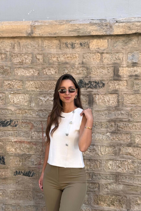 ONE COLOR SILVER BUTTONS WOMAN TANK TOP CREAM/KREM - 2