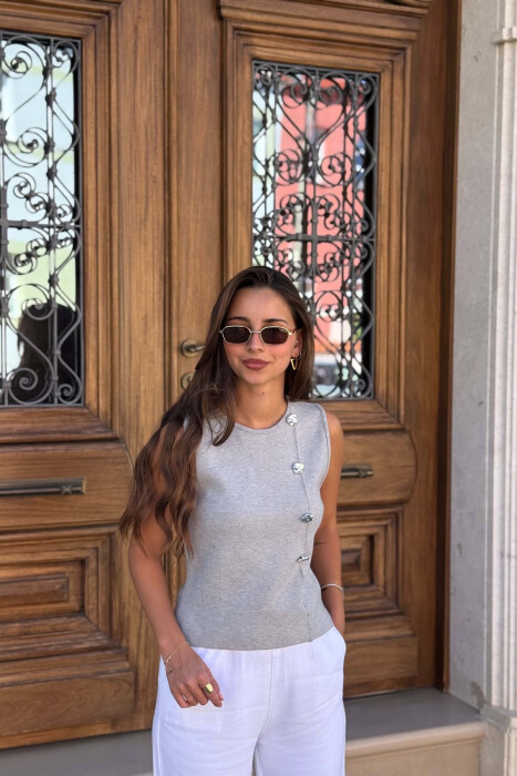 ONE COLOR SILVER BUTTONS WOMAN TANK TOP LIGHT GREY/GZ - KLAUDIO FASHION