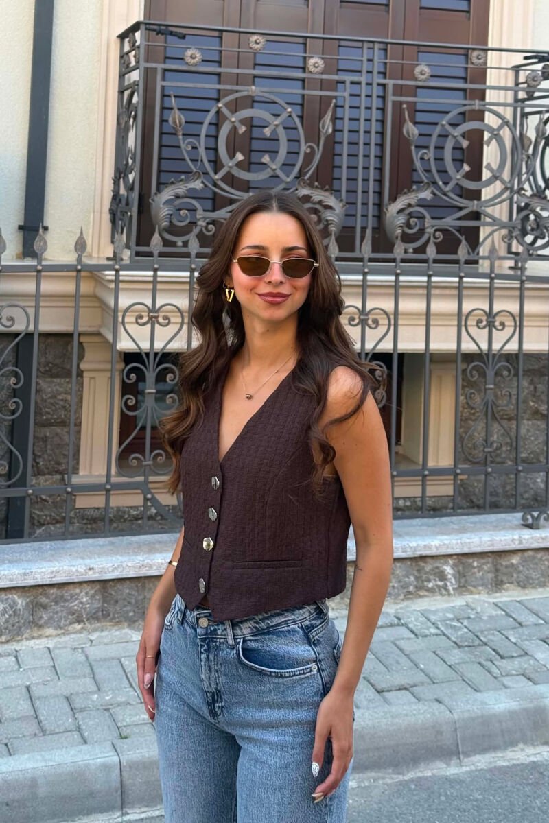 ONE COLOR SILVER BUTTONS WOMAN VEST BROWN/KAFE - 2