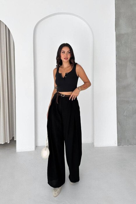 ONE COLOR SIMPLE BELT DETAIL WOMEN TROUSERS BLACK/ E ZEZE 