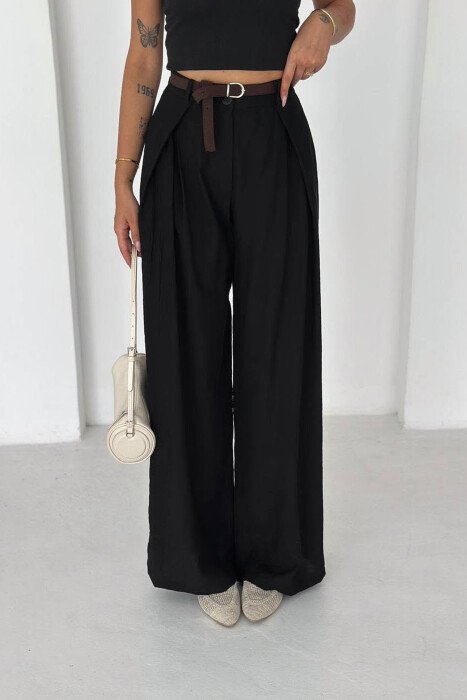 ONE COLOR SIMPLE BELT DETAIL WOMEN TROUSERS BLACK/ E ZEZE - 2