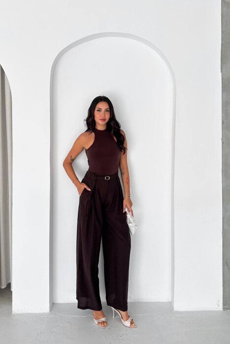 ONE COLOR SIMPLE BELT DETAIL WOMEN TROUSERS BROWN/KAFE - 