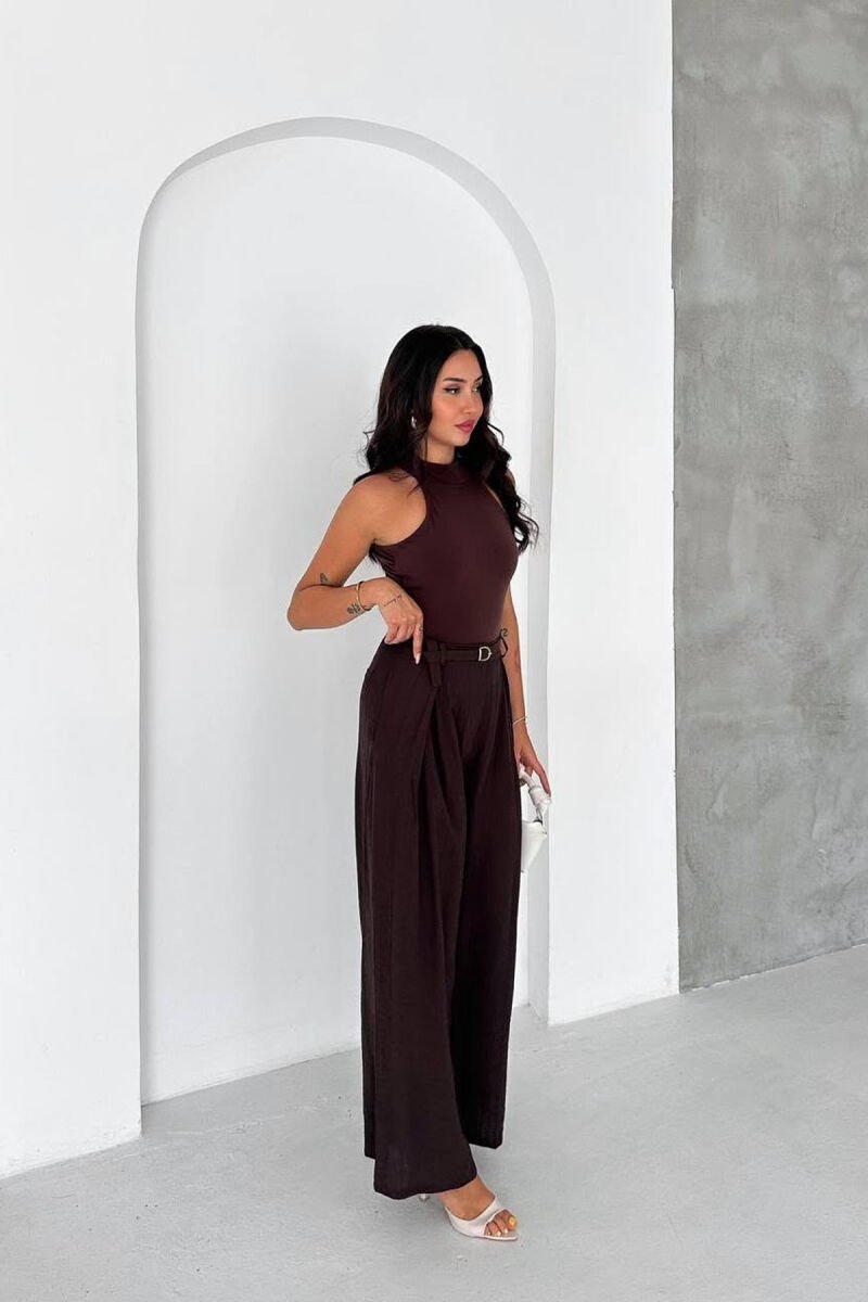 ONE COLOR SIMPLE BELT DETAIL WOMEN TROUSERS BROWN/KAFE - 2