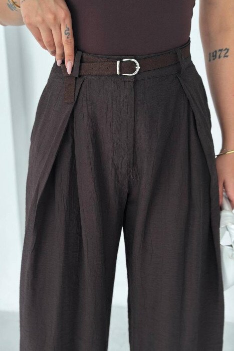 ONE COLOR SIMPLE BELT DETAIL WOMEN TROUSERS BROWN/KAFE - 3