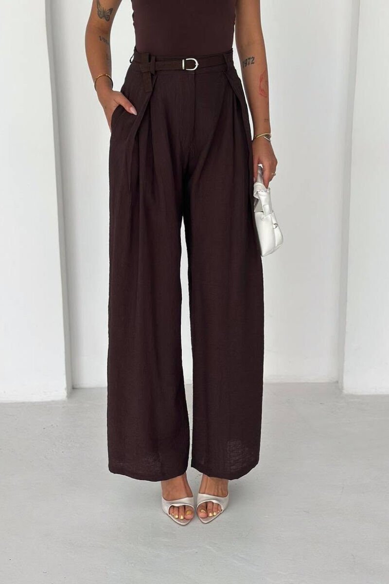 ONE COLOR SIMPLE BELT DETAIL WOMEN TROUSERS BROWN/KAFE - 4