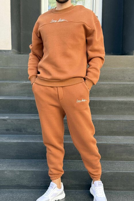 ONE COLOR SIMPLE BLOUSE+JOGGERS MEN SET BROWN/KAFE - KLAUDIO FASHION