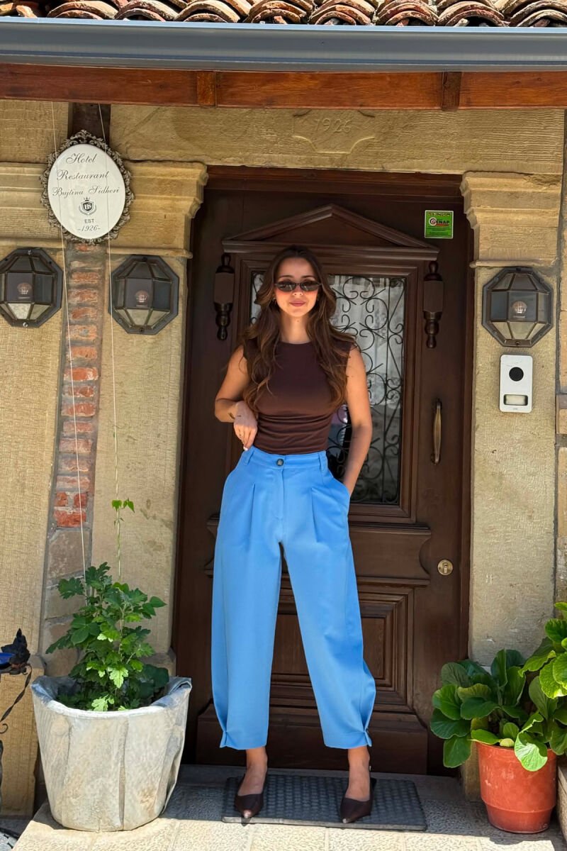 ONE COLOR SIMPLE BUTTON LEG DETAIL WOMAN TROUSERS LIGHTBLUE/BZ - 2