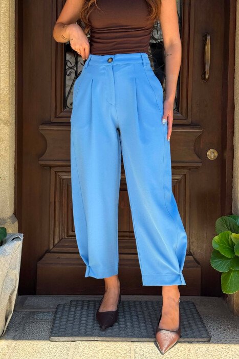 ONE COLOR SIMPLE BUTTON LEG DETAIL WOMAN TROUSERS LIGHTBLUE/BZ - 4