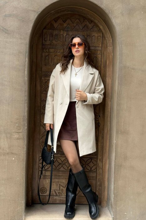 ONE COLOR SIMPLE BUTTONED WOMEN COAT ANTIQUEWHITE/ANTIKE - 1