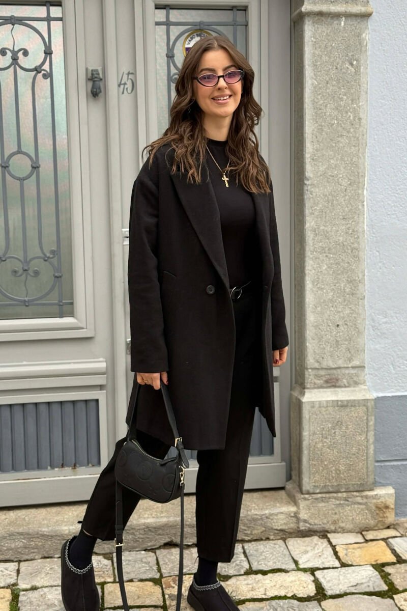 ONE COLOR SIMPLE BUTTONED WOMEN COAT BLACK/ E ZEZE - 3