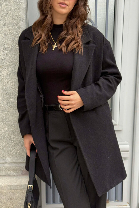 ONE COLOR SIMPLE BUTTONED WOMEN COAT BLACK/ E ZEZE - 4