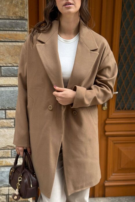 ONE COLOR SIMPLE BUTTONED WOMEN COAT BROWN/KAFE - 5
