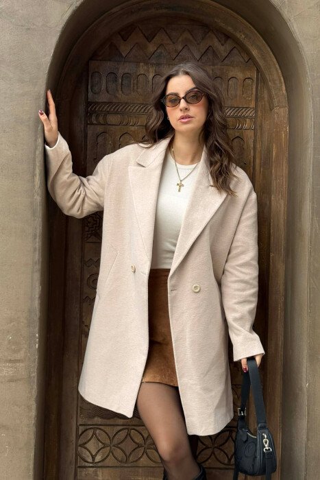 ONE COLOR SIMPLE BUTTONED WOMEN COAT CREAM/KREM - 3