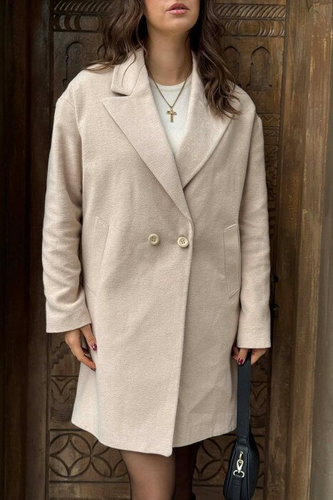 ONE COLOR SIMPLE BUTTONED WOMEN COAT CREAM/KREM - 5