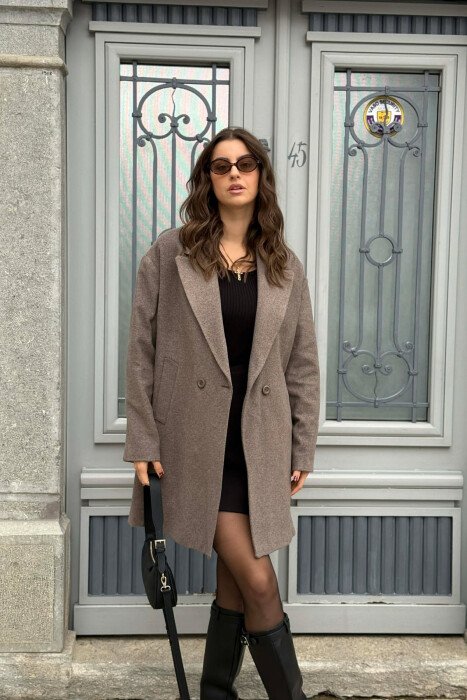 ONE COLOR SIMPLE BUTTONED WOMEN COAT DARK GREY/GEE - 3