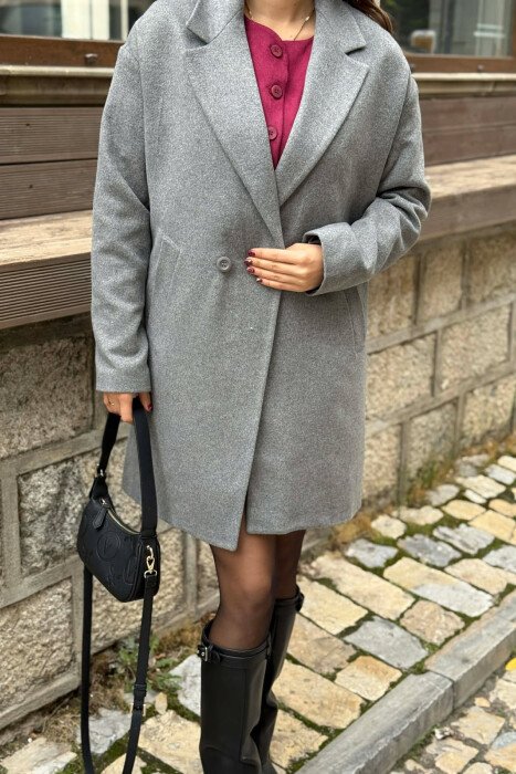ONE COLOR SIMPLE BUTTONED WOMEN COAT GREY/GRI - 4