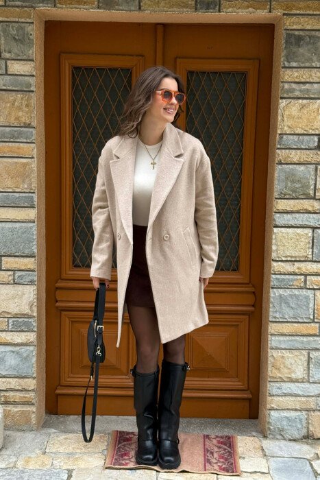 ONE COLOR SIMPLE BUTTONED WOMEN COAT LIGHT BEIGE/BZHZB - 1