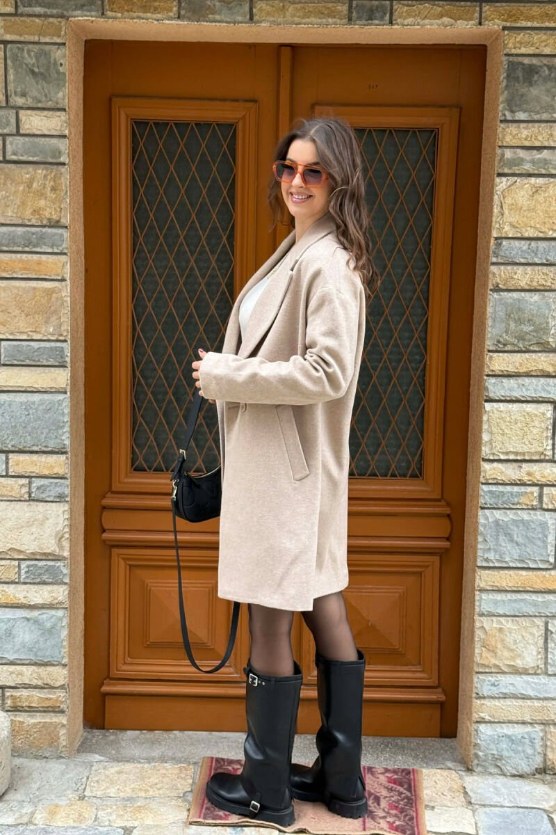 ONE COLOR SIMPLE BUTTONED WOMEN COAT LIGHT BEIGE/BZHZB - 2