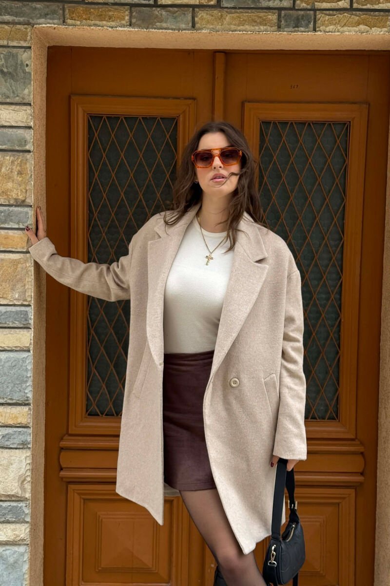 ONE COLOR SIMPLE BUTTONED WOMEN COAT LIGHT BEIGE/BZHZB - 3