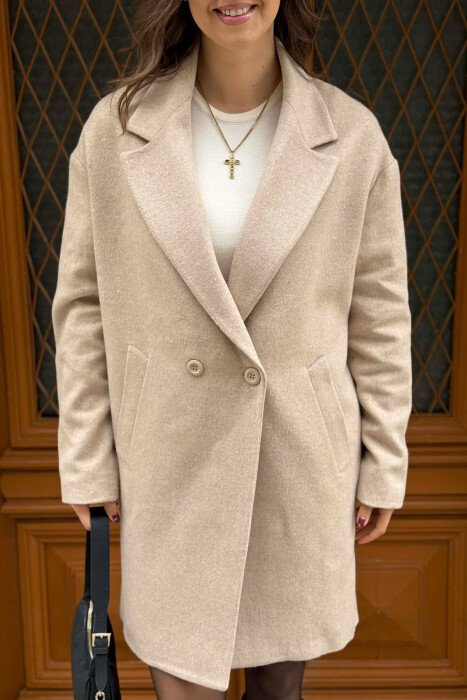 ONE COLOR SIMPLE BUTTONED WOMEN COAT LIGHT BEIGE/BZHZB - 4