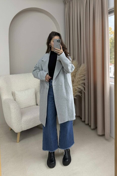 ONE COLOR SIMPLE BUTTONED WOMEN COAT LIGHT GREY/GZ 