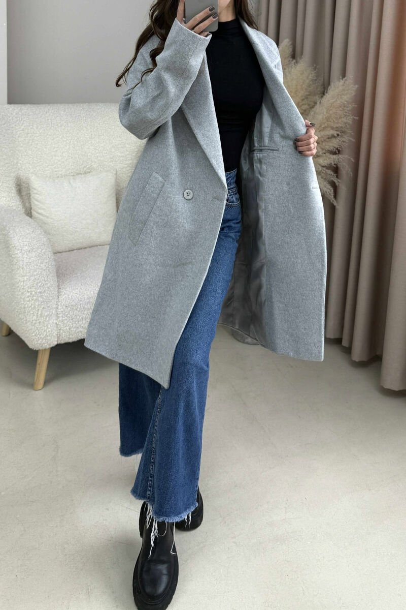 ONE COLOR SIMPLE BUTTONED WOMEN COAT LIGHT GREY/GZ - 3