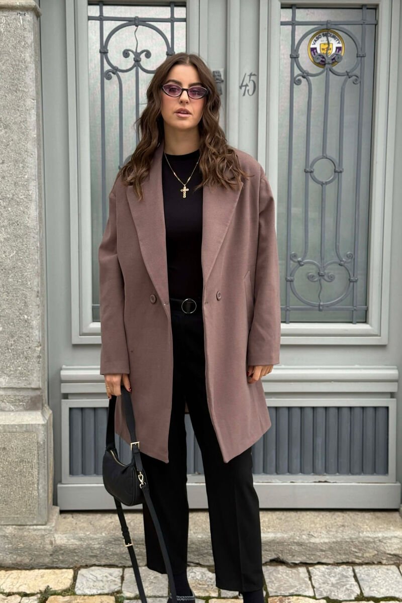 ONE COLOR SIMPLE BUTTONED WOMEN COAT VINEGAR/UTHULL - 1