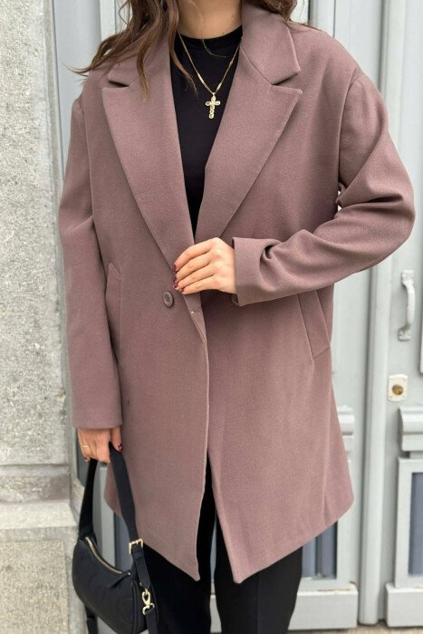 ONE COLOR SIMPLE BUTTONED WOMEN COAT VINEGAR/UTHULL - 2