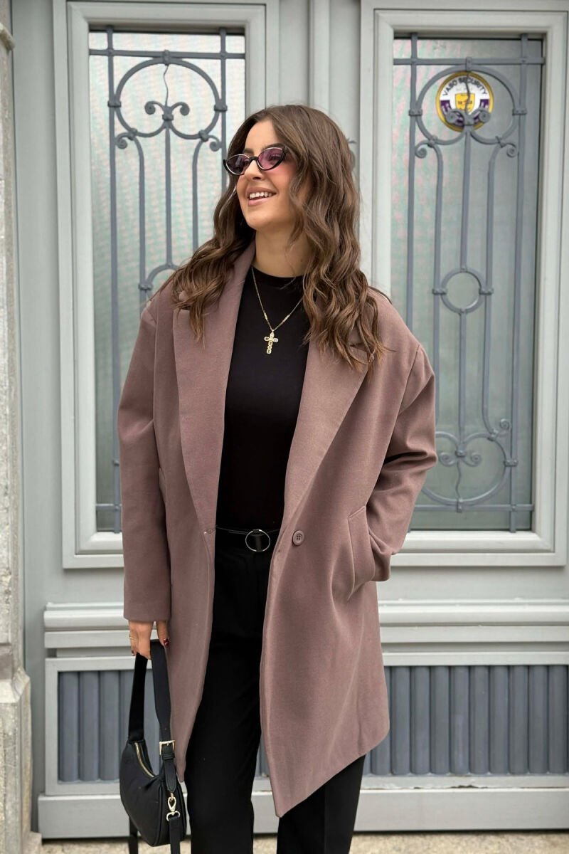 ONE COLOR SIMPLE BUTTONED WOMEN COAT VINEGAR/UTHULL - 4