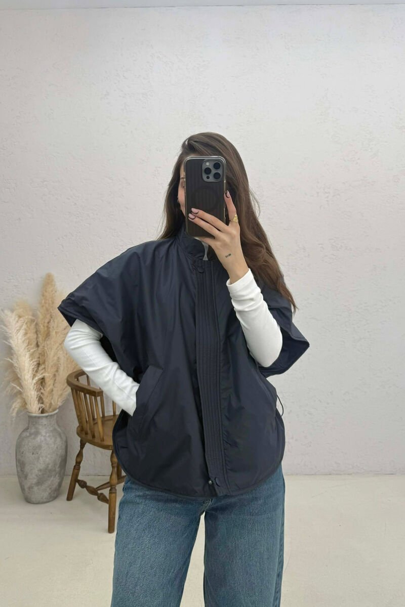 ONE COLOR SIMPLE CAPE WOMEN JACKET DARK BLUE/BEE - 1