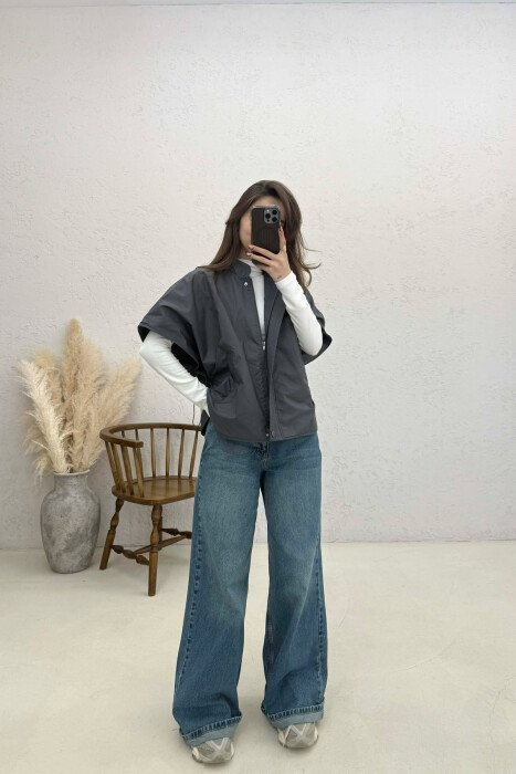 ONE COLOR SIMPLE CAPE WOMEN JACKET DARK GREY/GEE - 4