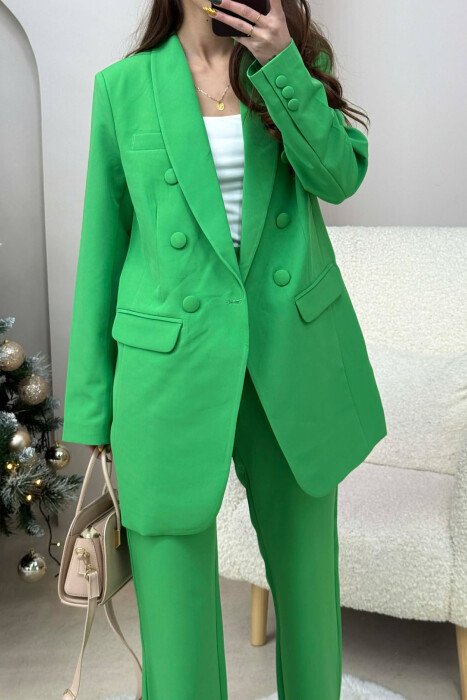 ONE COLOR SIMPLE CLASSIC JACKET+ TROUSERS WOMEN SET GREEN/JESHILE - 3