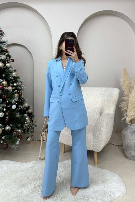 ONE COLOR SIMPLE CLASSIC JACKET+ TROUSERS WOMEN SET LIGHTBLUE/BZ - KLAUDIO FASHION