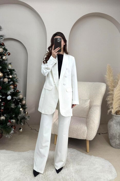 ONE COLOR SIMPLE CLASSIC JACKET+ TROUSERS WOMEN SET WHITE-E BARDHE - KLAUDIO FASHION