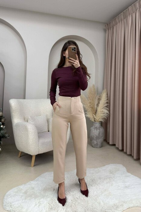 ONE COLOR SIMPLE CLASSIC WOMEN TROUSERS BEIGE/BEZHE - 2