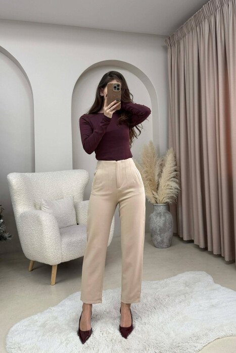 ONE COLOR SIMPLE CLASSIC WOMEN TROUSERS BEIGE/BEZHE - 4