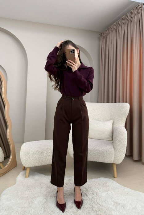 ONE COLOR SIMPLE CLASSIC WOMEN TROUSERS BROWN/KAFE - 1