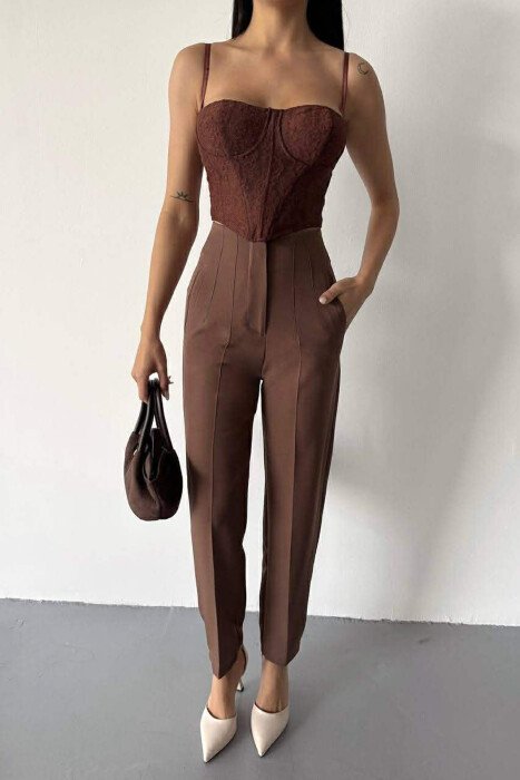 ONE COLOR SIMPLE CLASSIC WOMEN TROUSERS BROWN/KAFE - 1